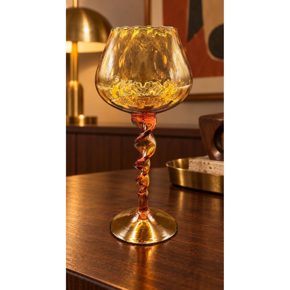 Vintage Empoli Style Amber Art Glass Goblet Twisted Stem Ruffled Rim